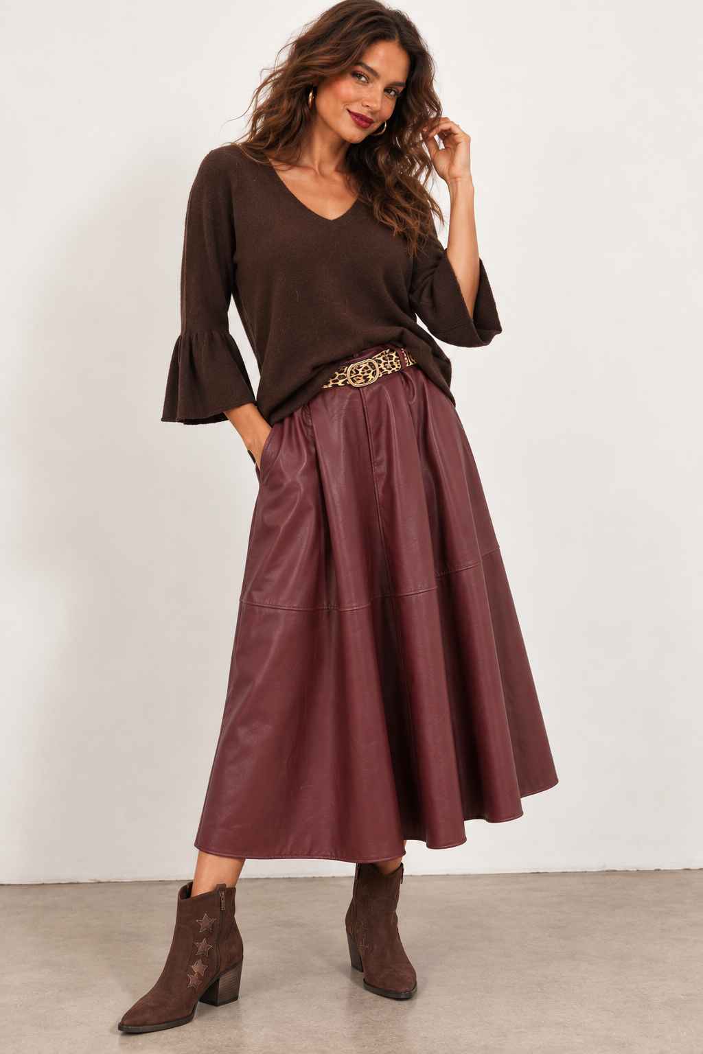 Imani Faux Leather Belted Skirt Burgundy