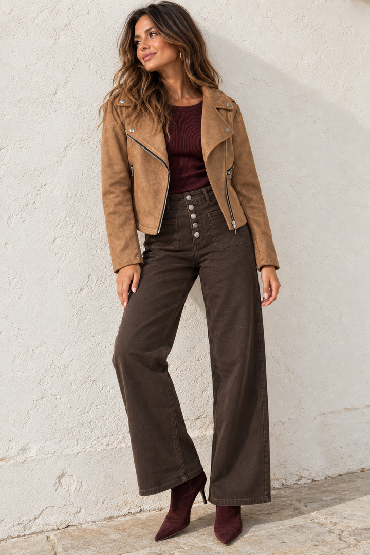 Embellished Button Wide Leg Jeans Chocolate