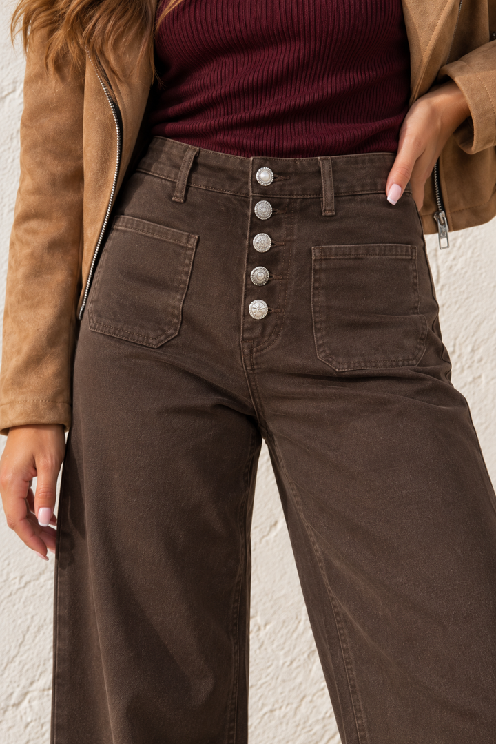 Embellished Button Wide Leg Jeans Chocolate