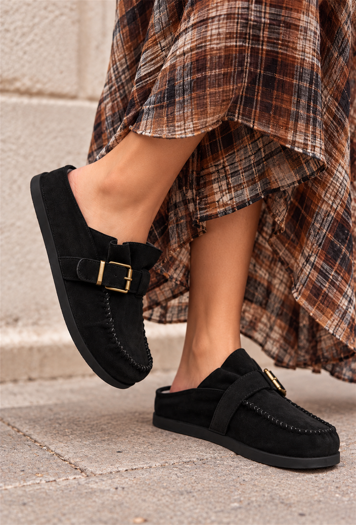 Black Buckle Moccasin Mules