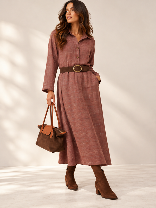 Rustic Charm Tartan Dress Cinnamon