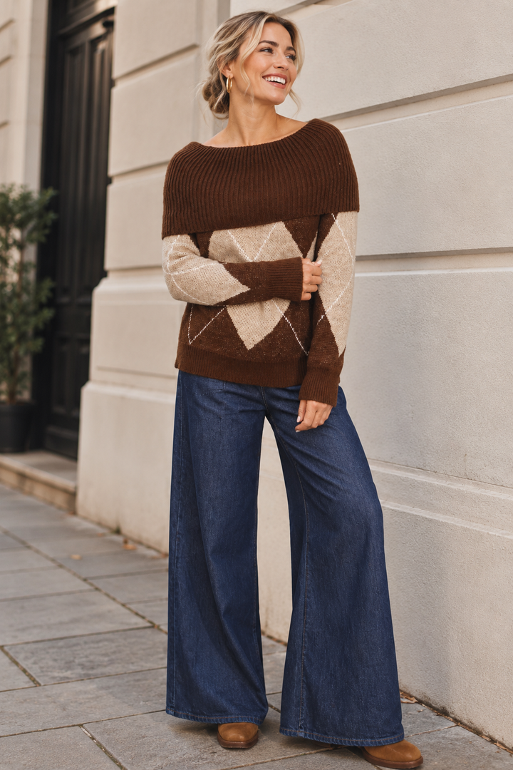 Argyle Bardot Jumper Chocolate