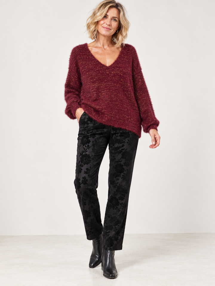 Venezia V Neck Lurex Jumper Wine