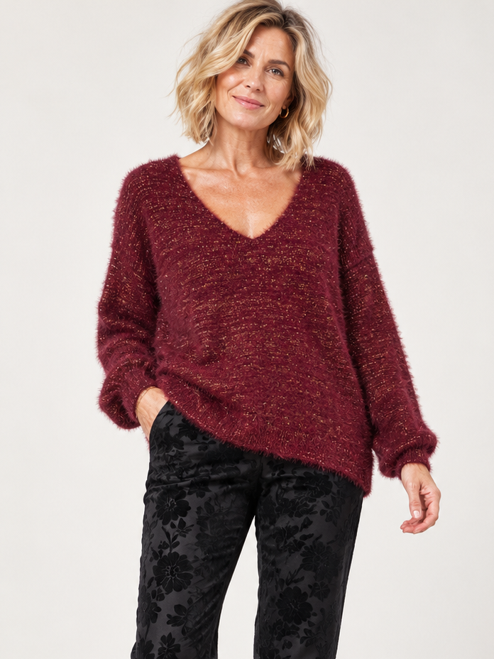Venezia V Neck Lurex Jumper Wine