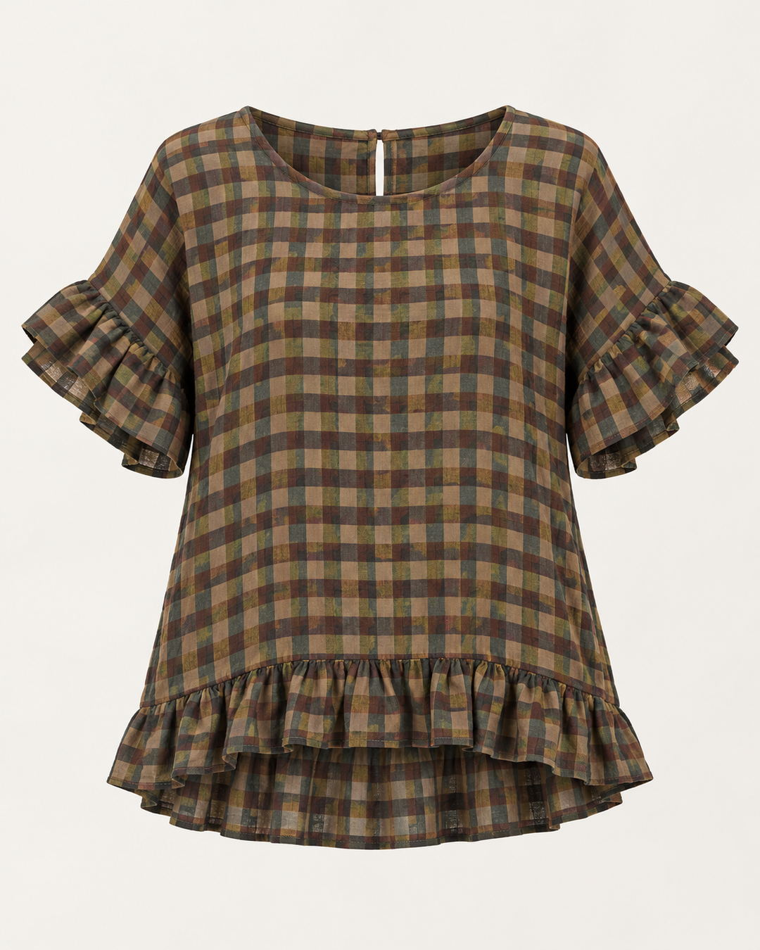Rosana Checked Frill Top Khaki
