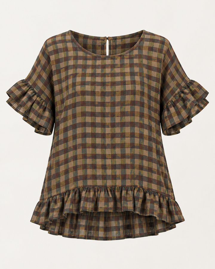 Rosana Checked Frill Top Khaki