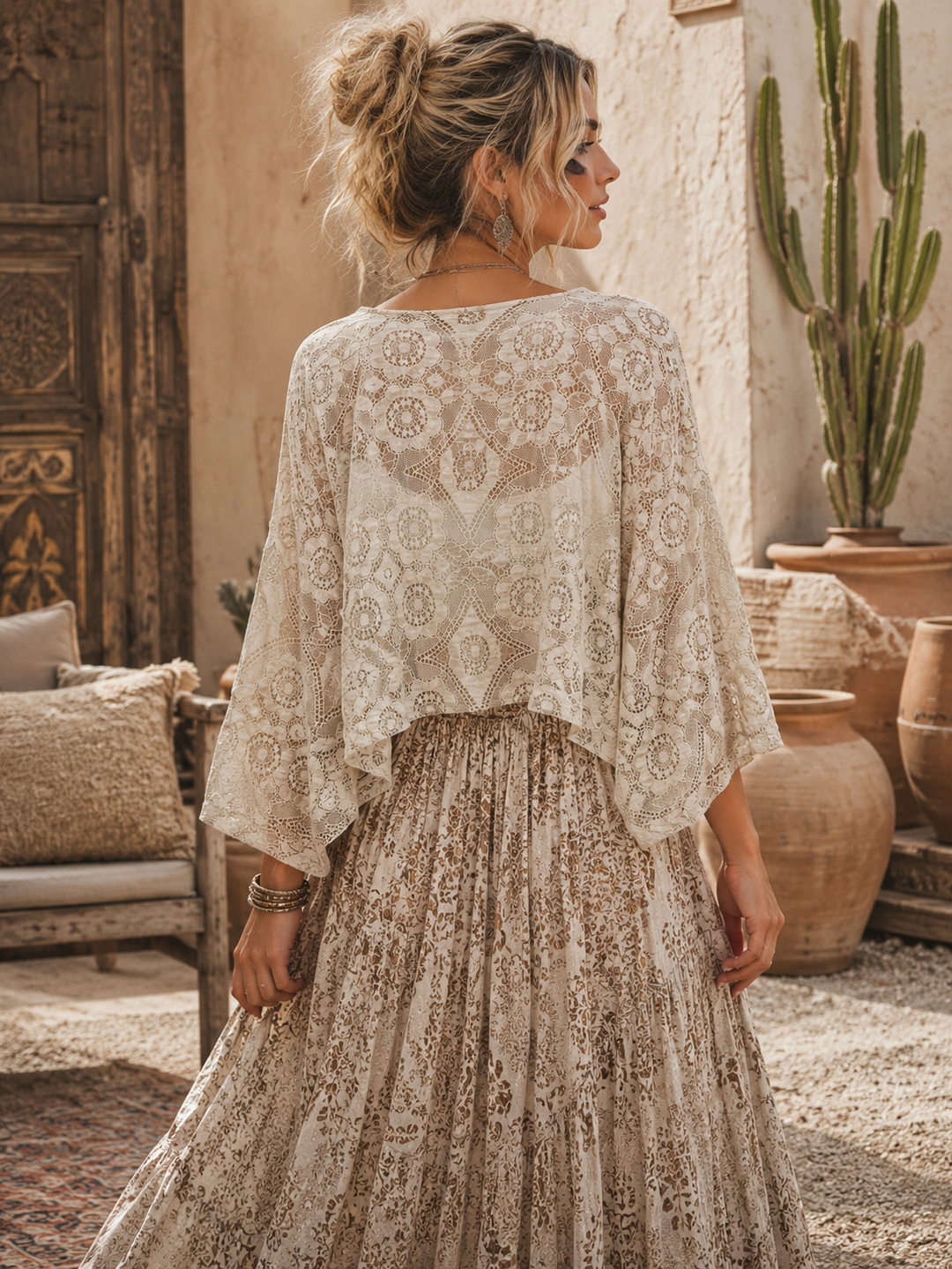 Lace Tie Front Shrug Beige