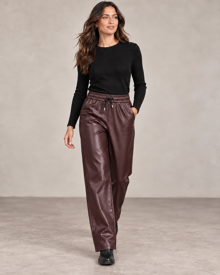 Cosima Leather Look Trousers Aubergine