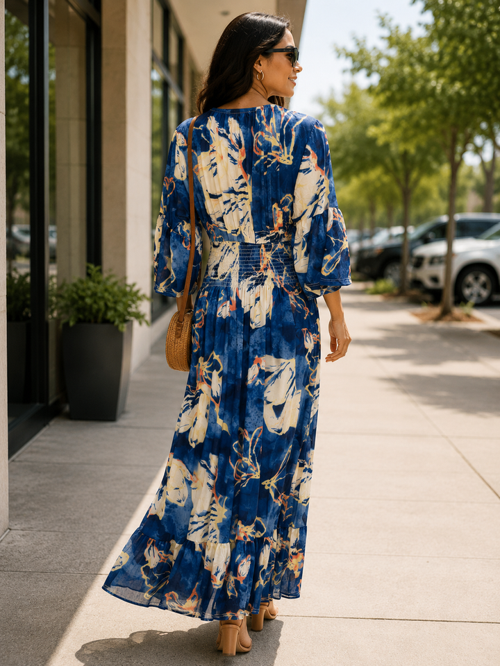 Muriel Watercolour Shirred Maxi Dress Navy
