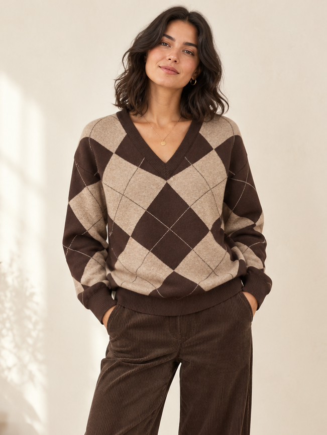 Azura Argyle V Neck Jumper Chocolate