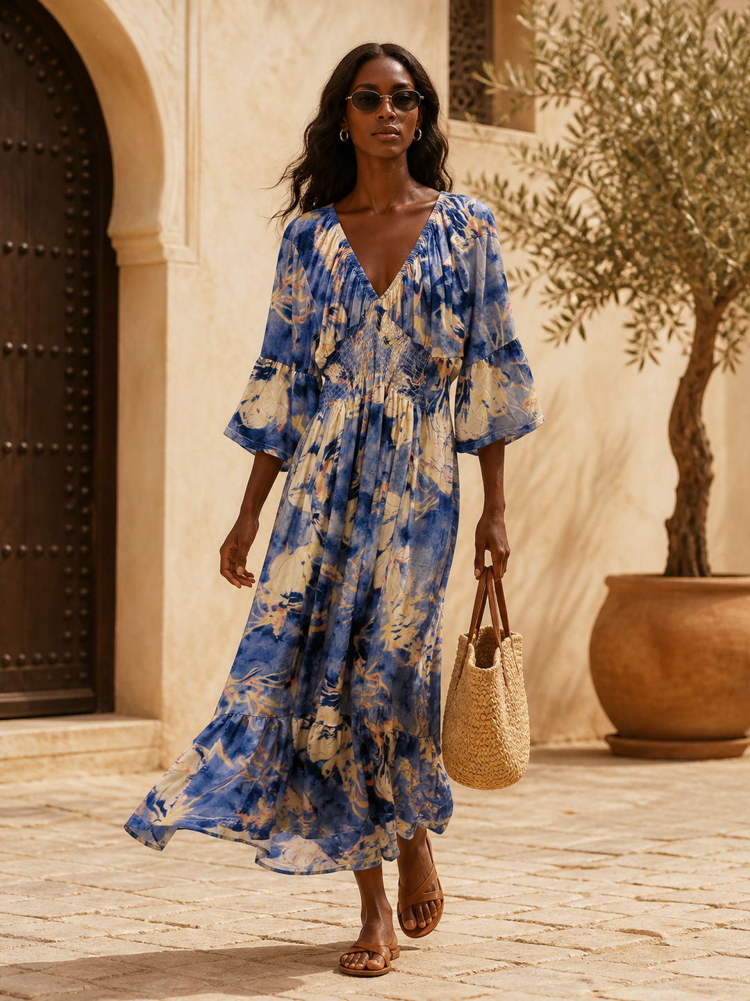 Muriel Watercolour Shirred Maxi Dress Blue