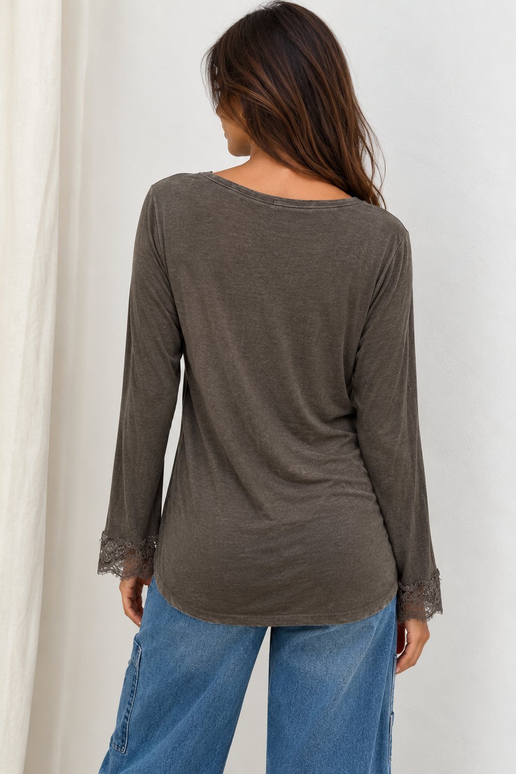 Angelo Lace V-Neck Long Sleeve Top Greige