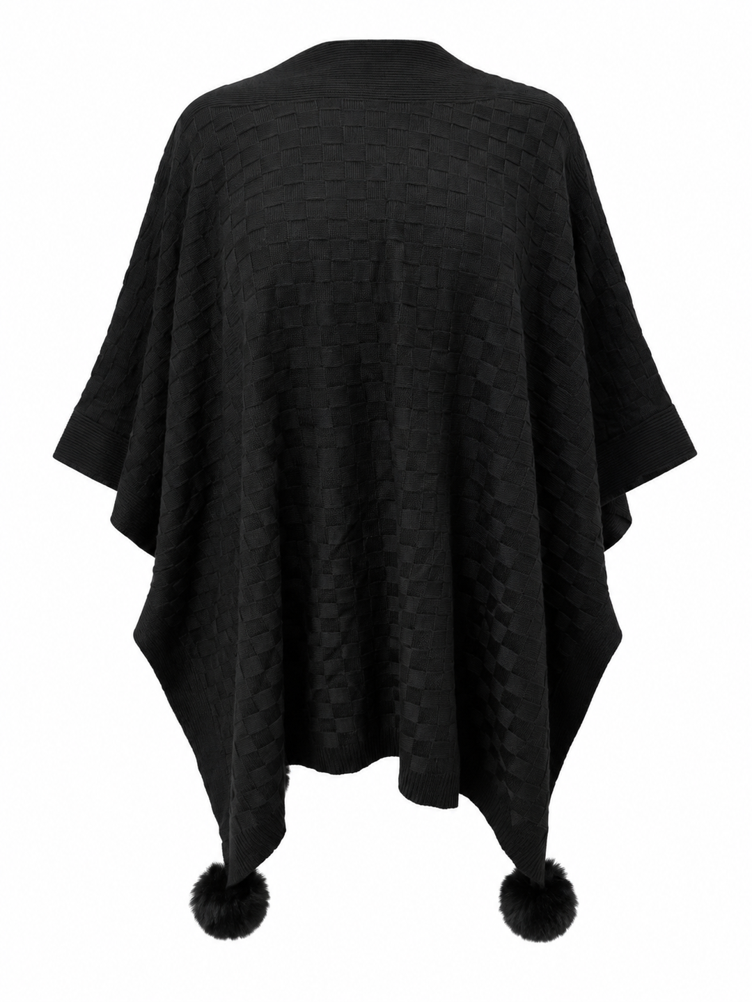 Checkerboard Pom Pom Poncho Black