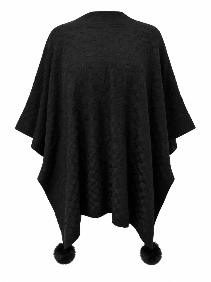 Checkerboard Pom Pom Poncho Black