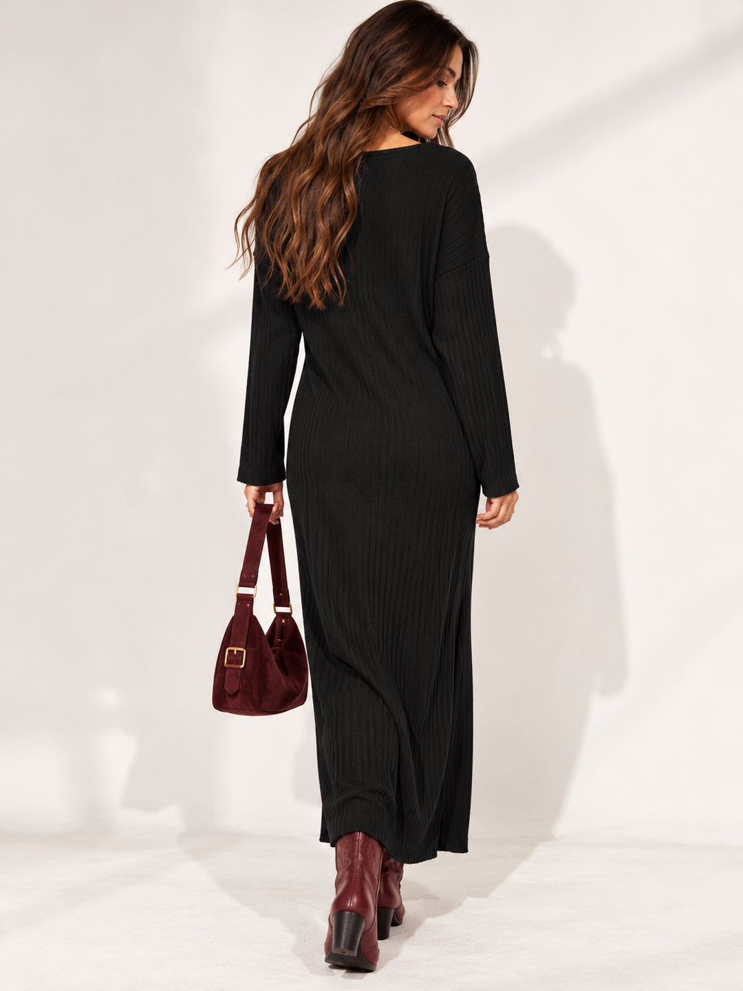 Andie V Neck Ribbed Dress Black