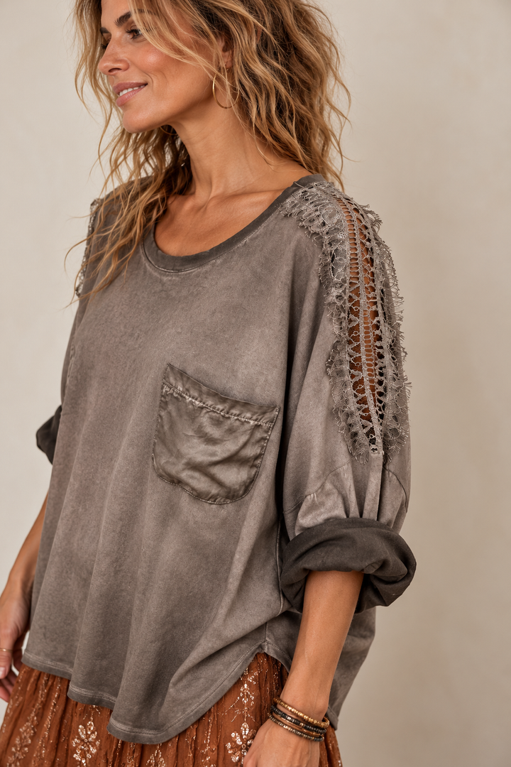 Mari Stone Washed Pocket Top Mocha