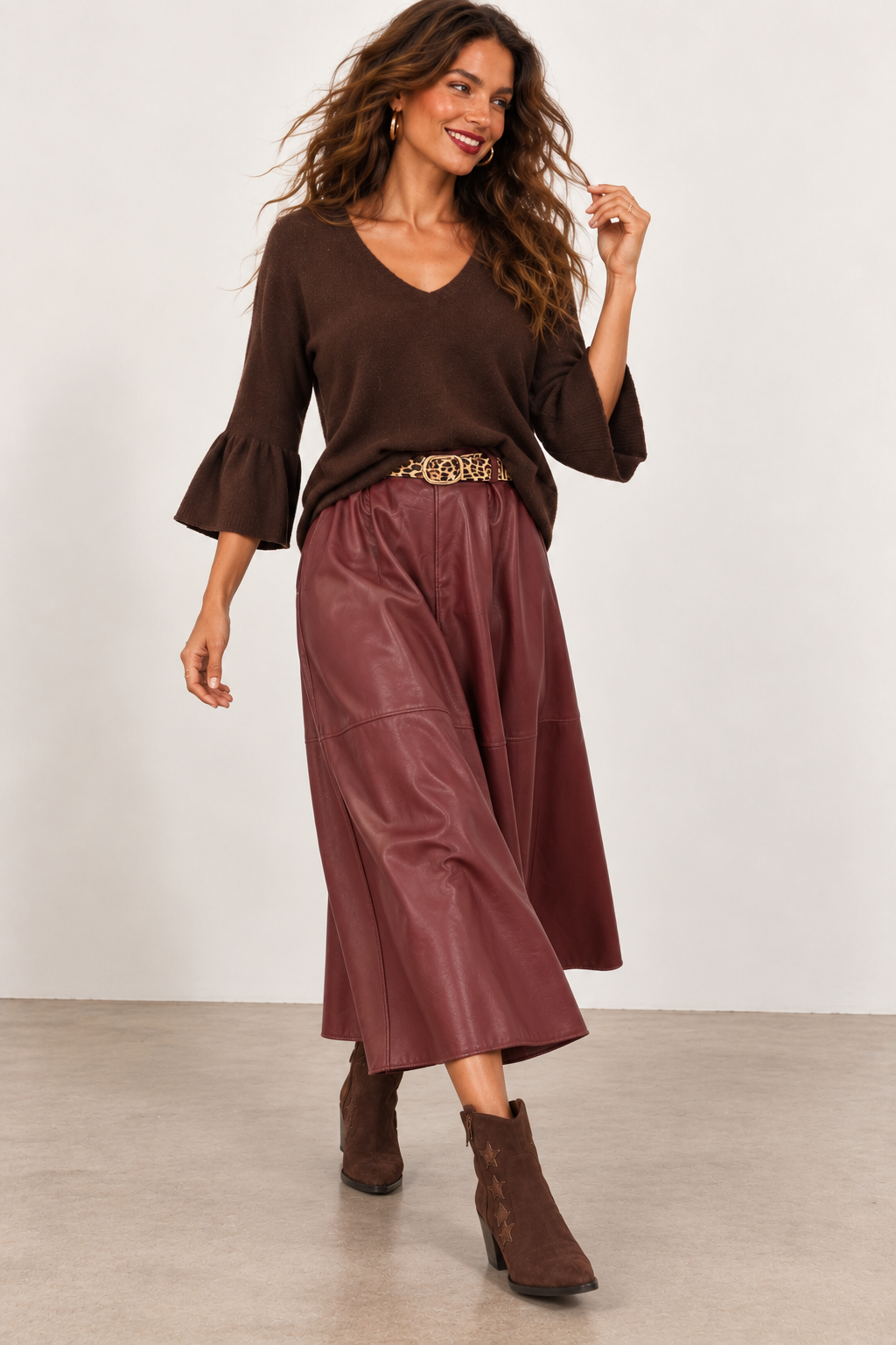 Imani Faux Leather Belted Skirt Burgundy