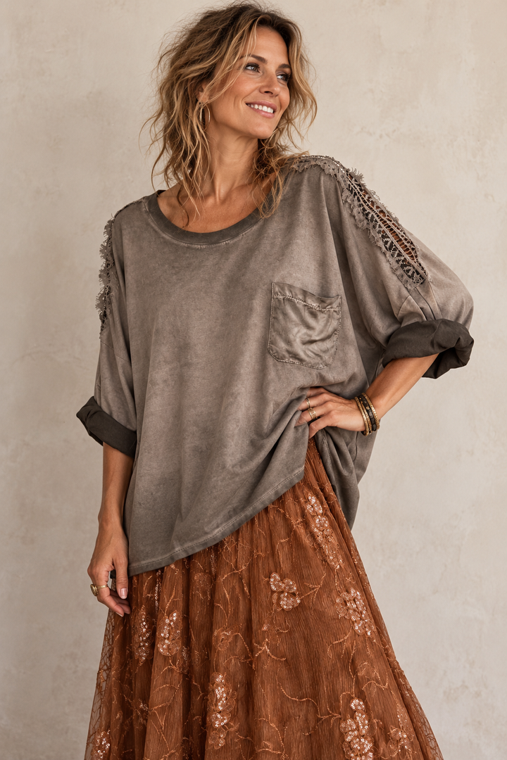 Mari Stone Washed Pocket Top Mocha