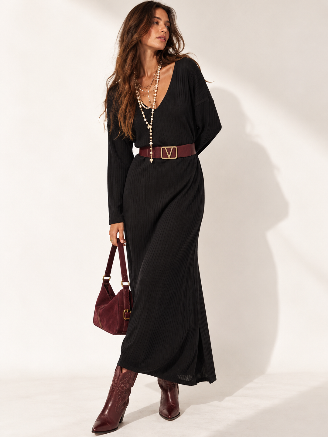Andie V Neck Ribbed Dress Black