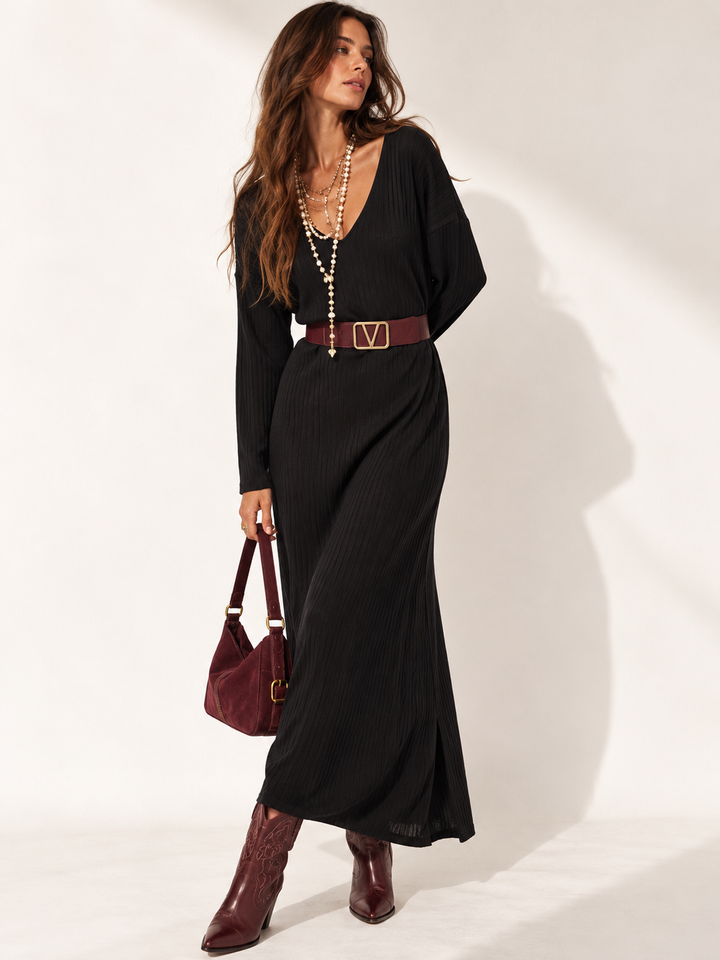Andie V Neck Ribbed Dress Black