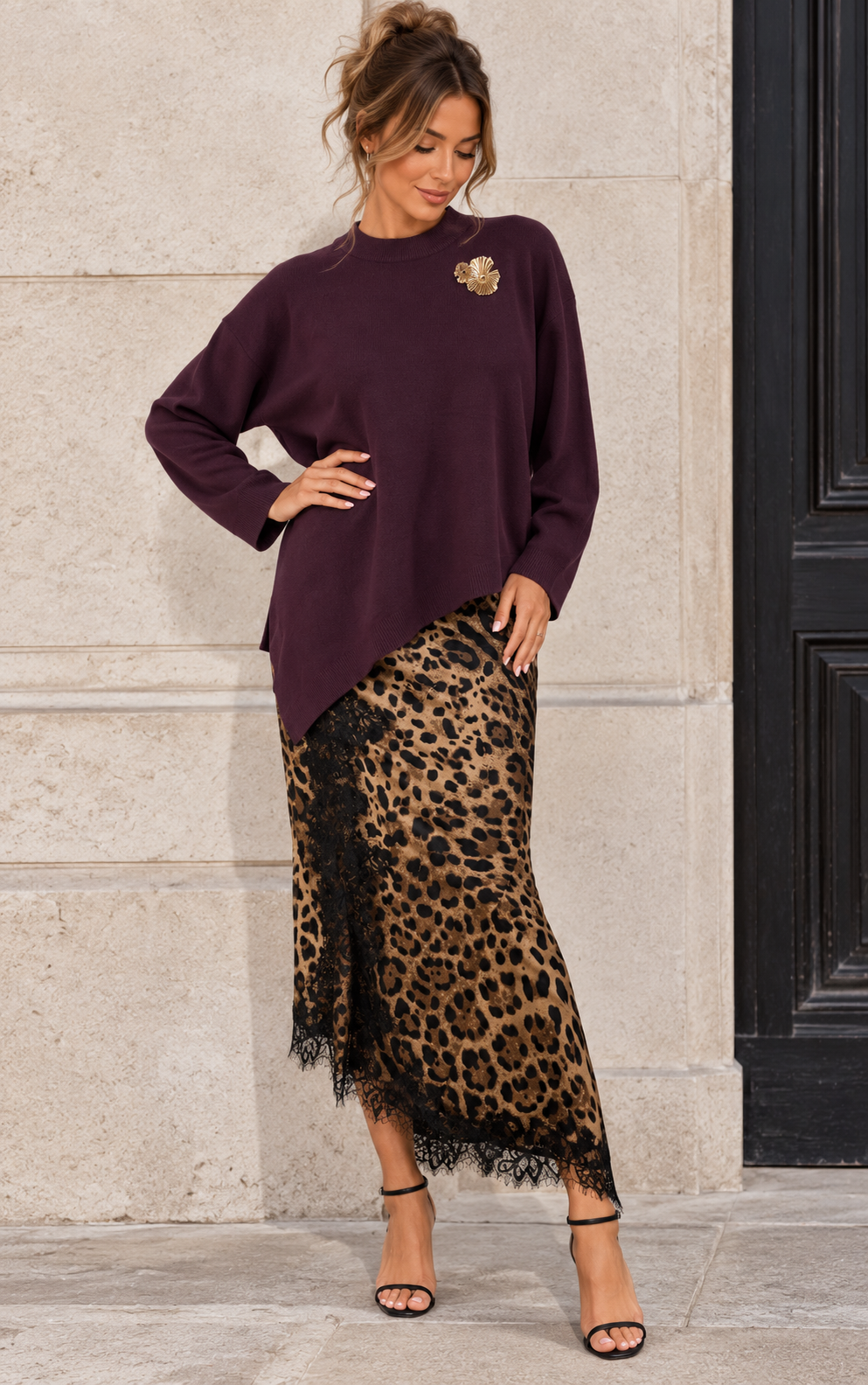 Asymmetric Leopard Lace Dress Set Damson