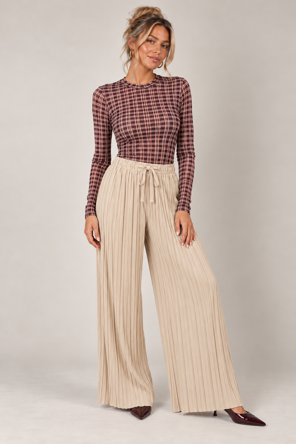 Tartan Print Cashmere Top Wine