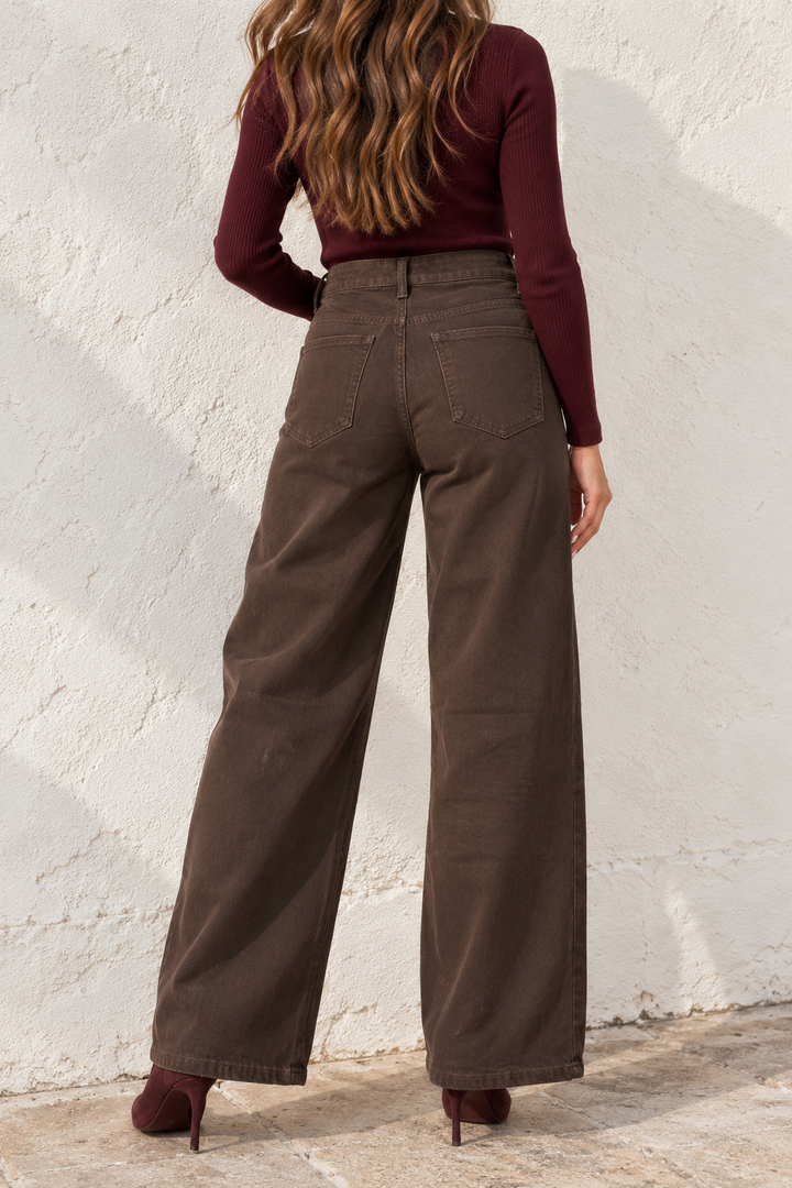 Embellished Button Wide Leg Jeans Chocolate
