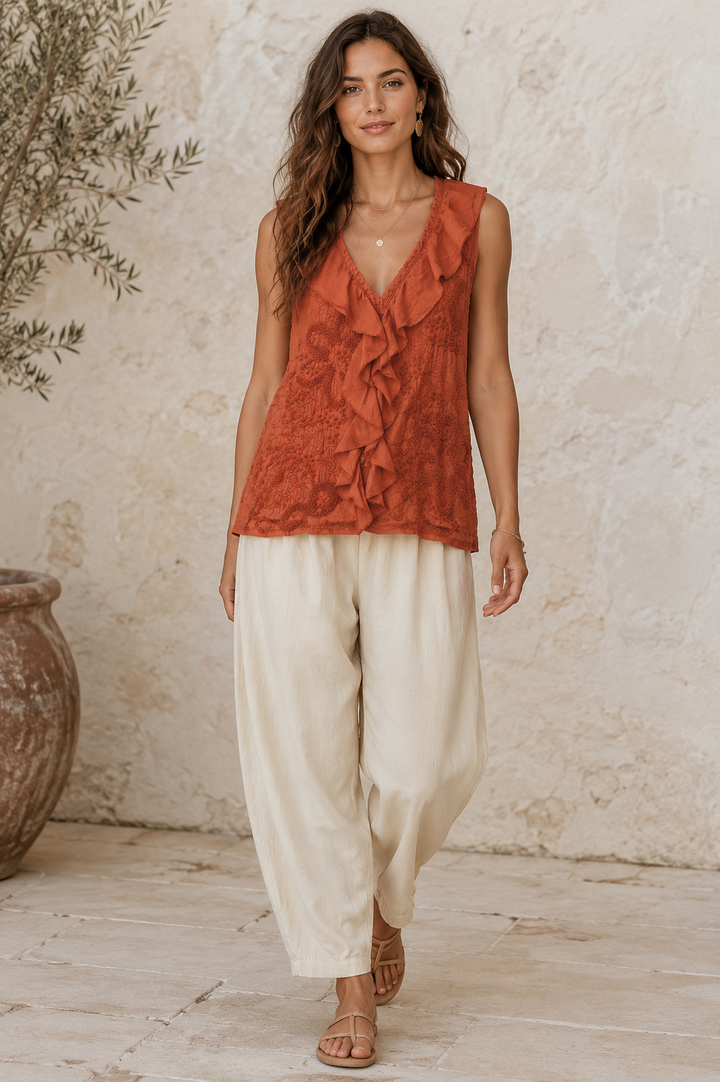 Kalena Floral Frill Top Rust