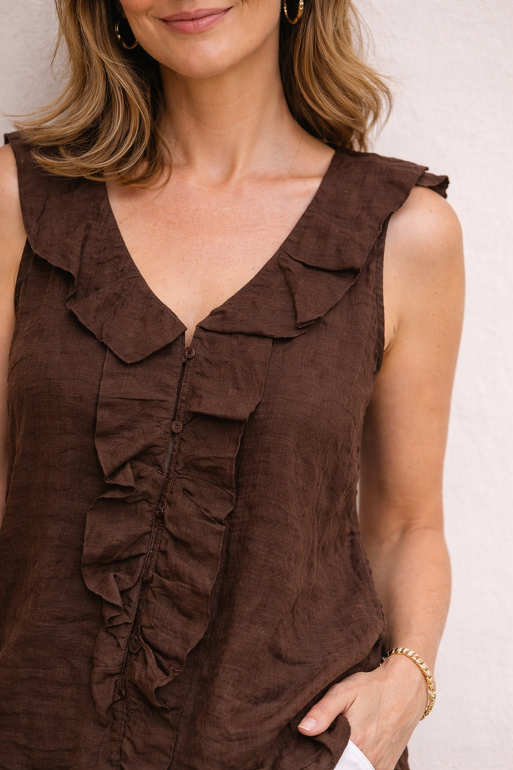 Lorenza Linen Ruffle Top Chocolate