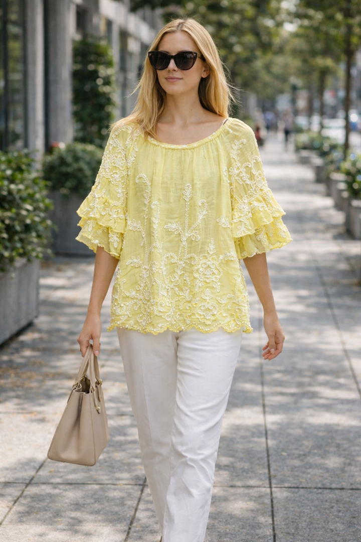 Aya Embroidered Bardot Top Lemon