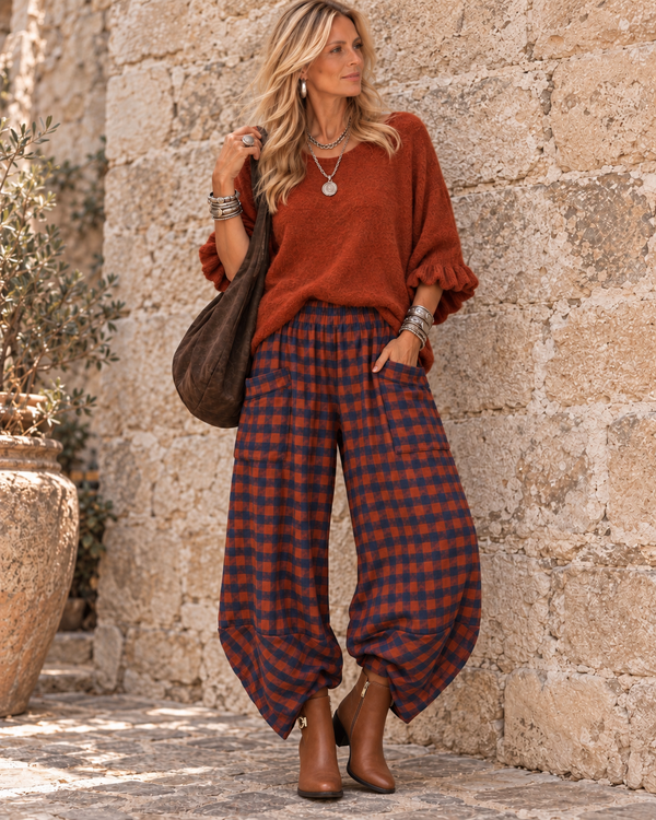 Rosana Checked Barrel Leg Trousers Rust