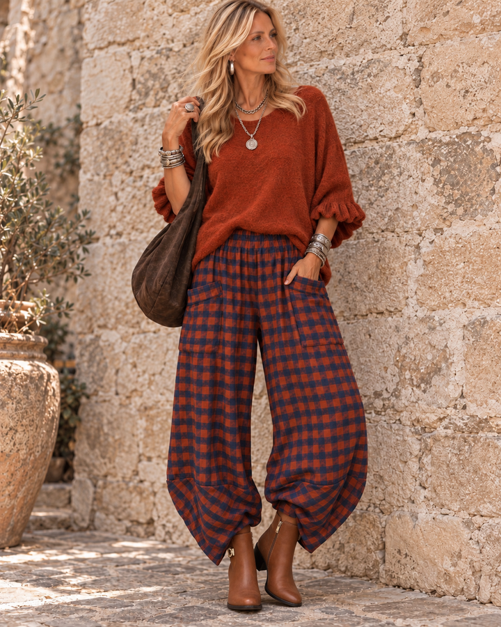 Rosana Checked Barrel Leg Trousers Rust