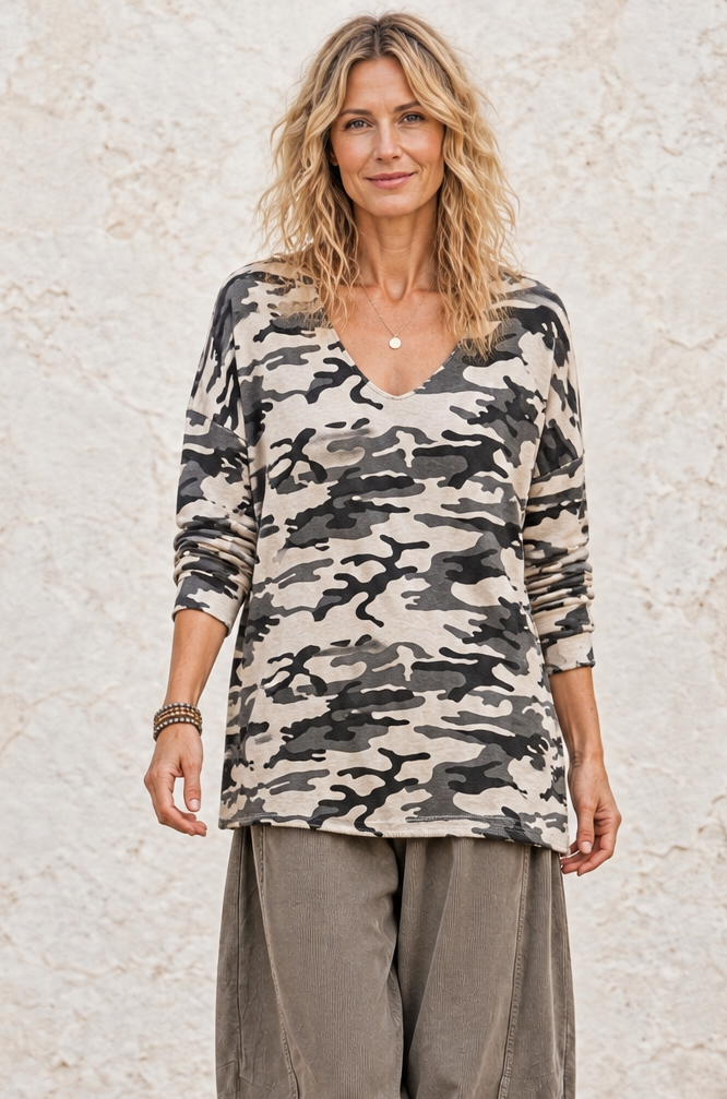 Leona Camo Print Top Oat