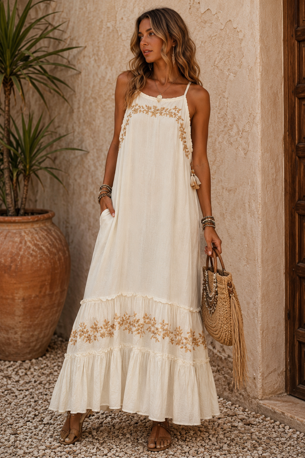 Sorrento Embroidered Maxi Dress Cream