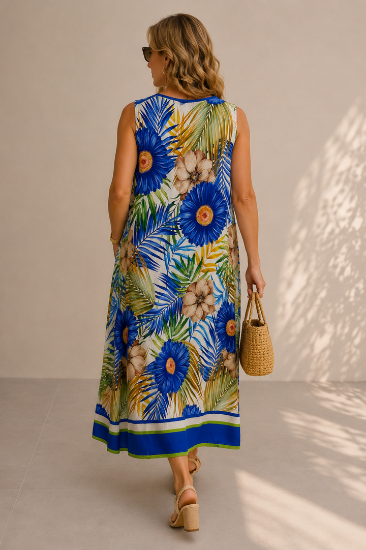 Floral Tropical Sleeveless Dress Royal Blue