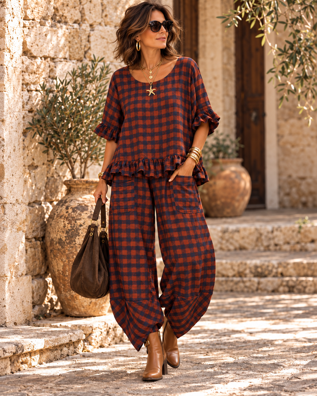 Rosana Checked Frill Top Rust