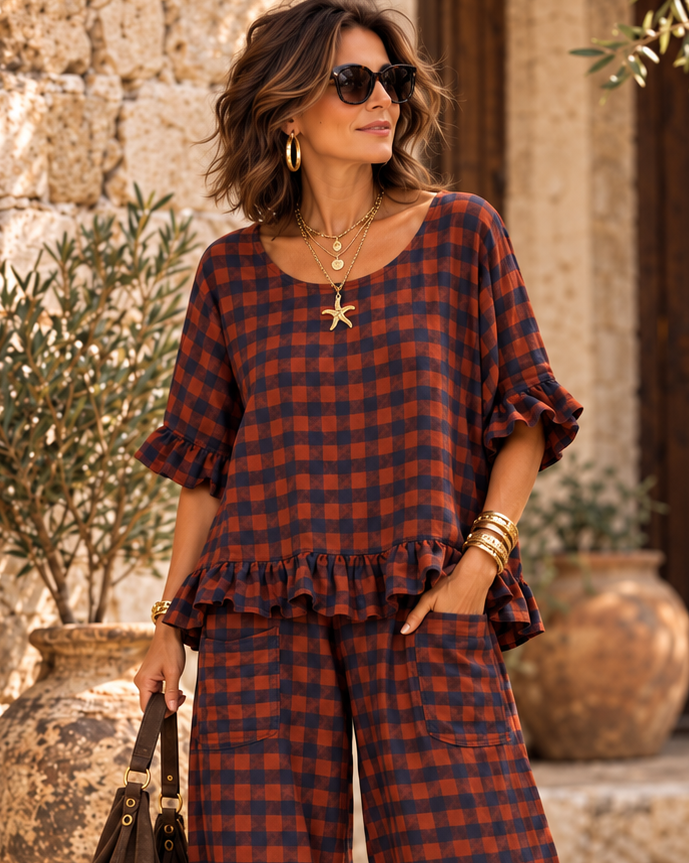 Rosana Checked Frill Top Rust