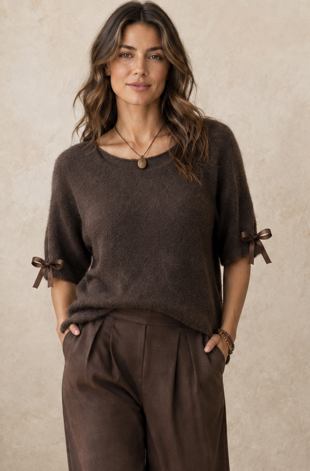 Bow Sleeve Soft Knit Jumper Chocolate