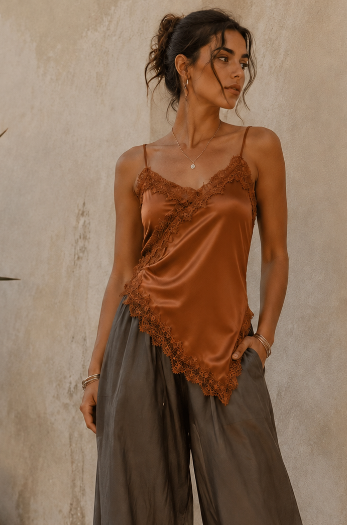 Asymmetric Lace Cami Top Copper