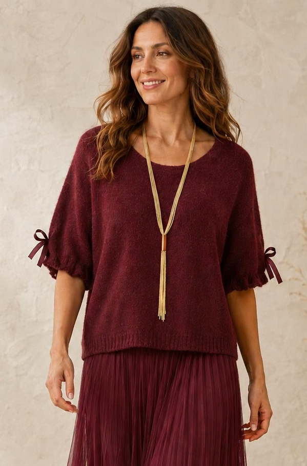 Bow Sleeve Soft Knit Jumper Plum