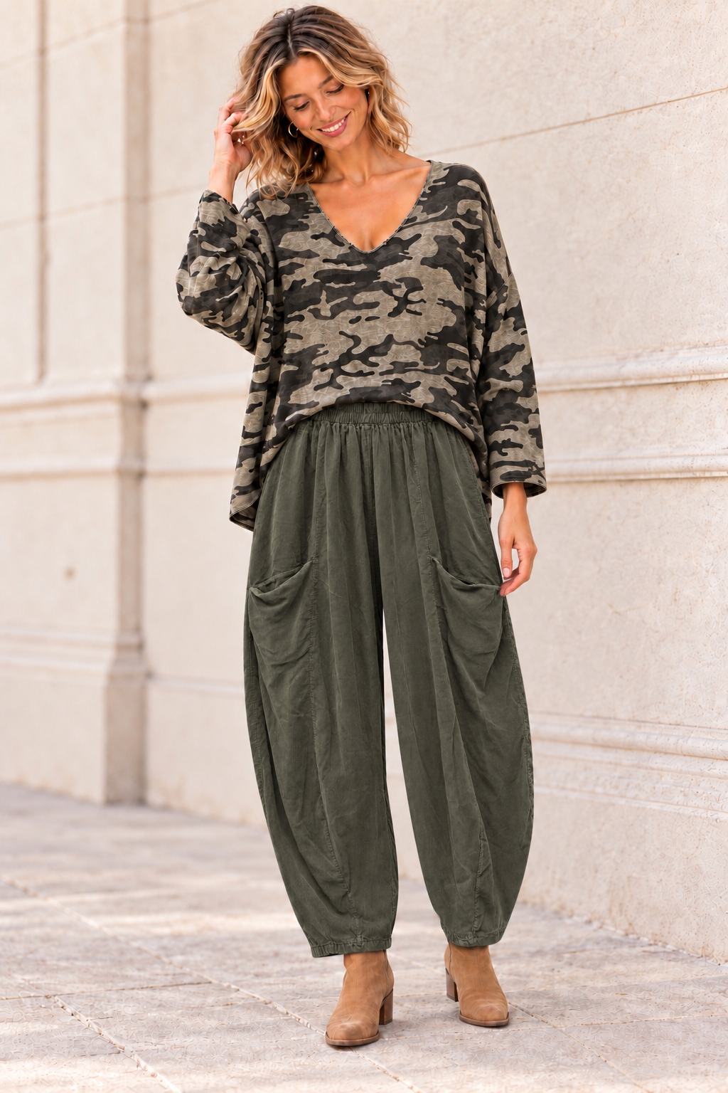 Tamara Needlecord Barrel leg Trouser Olive