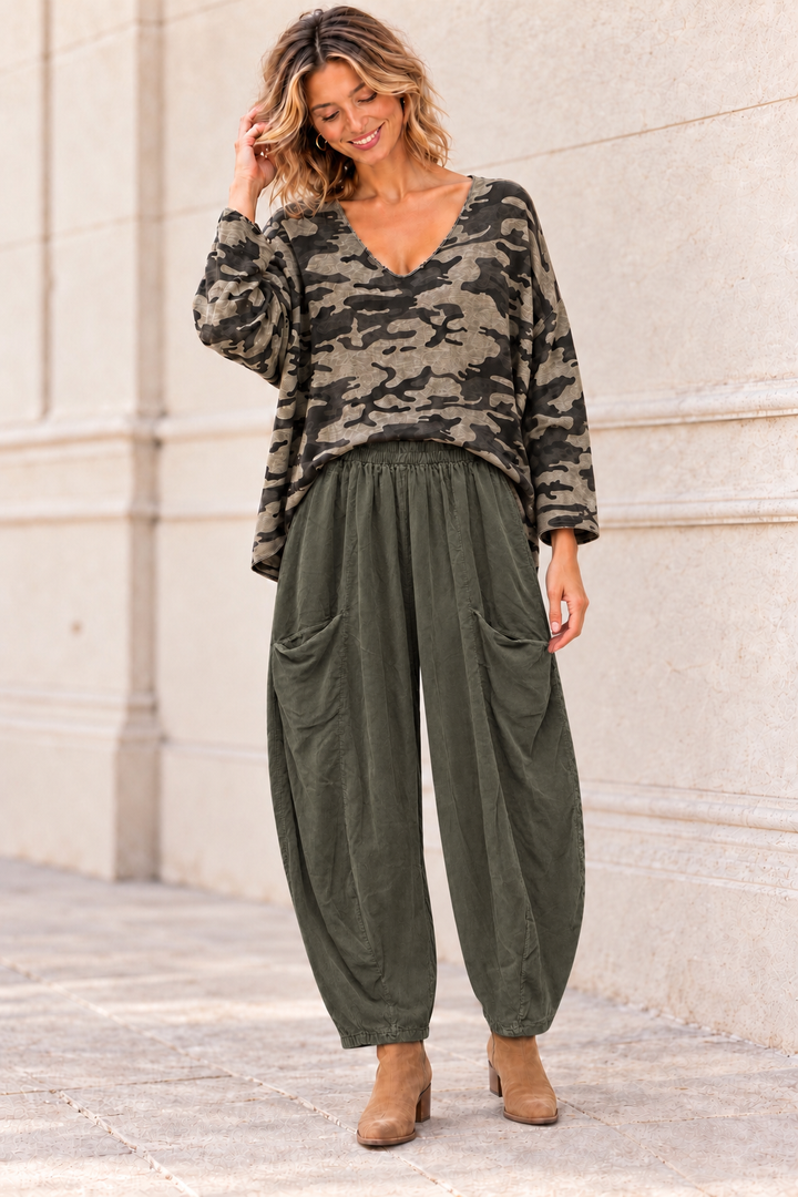 Tamara Needlecord Barrel leg Trouser Olive