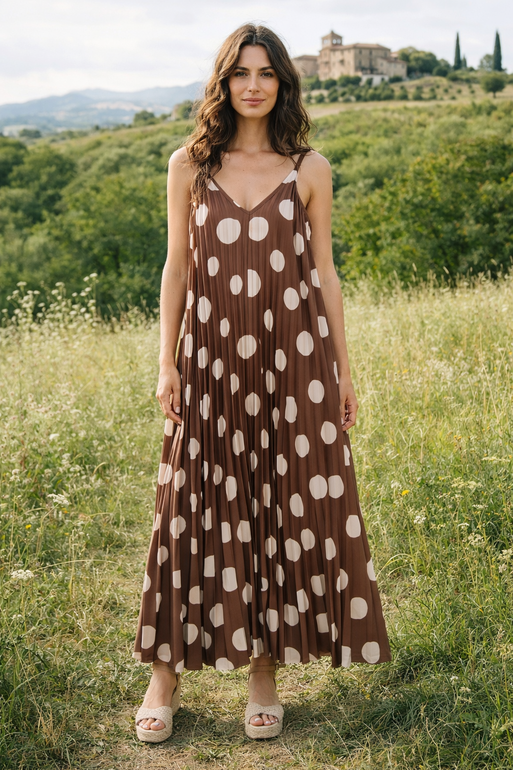 Arezzo Pleated Polka Dot Dress Chocolate