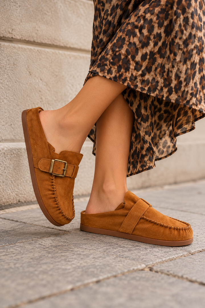 Tan Buckle Moccasin Mules