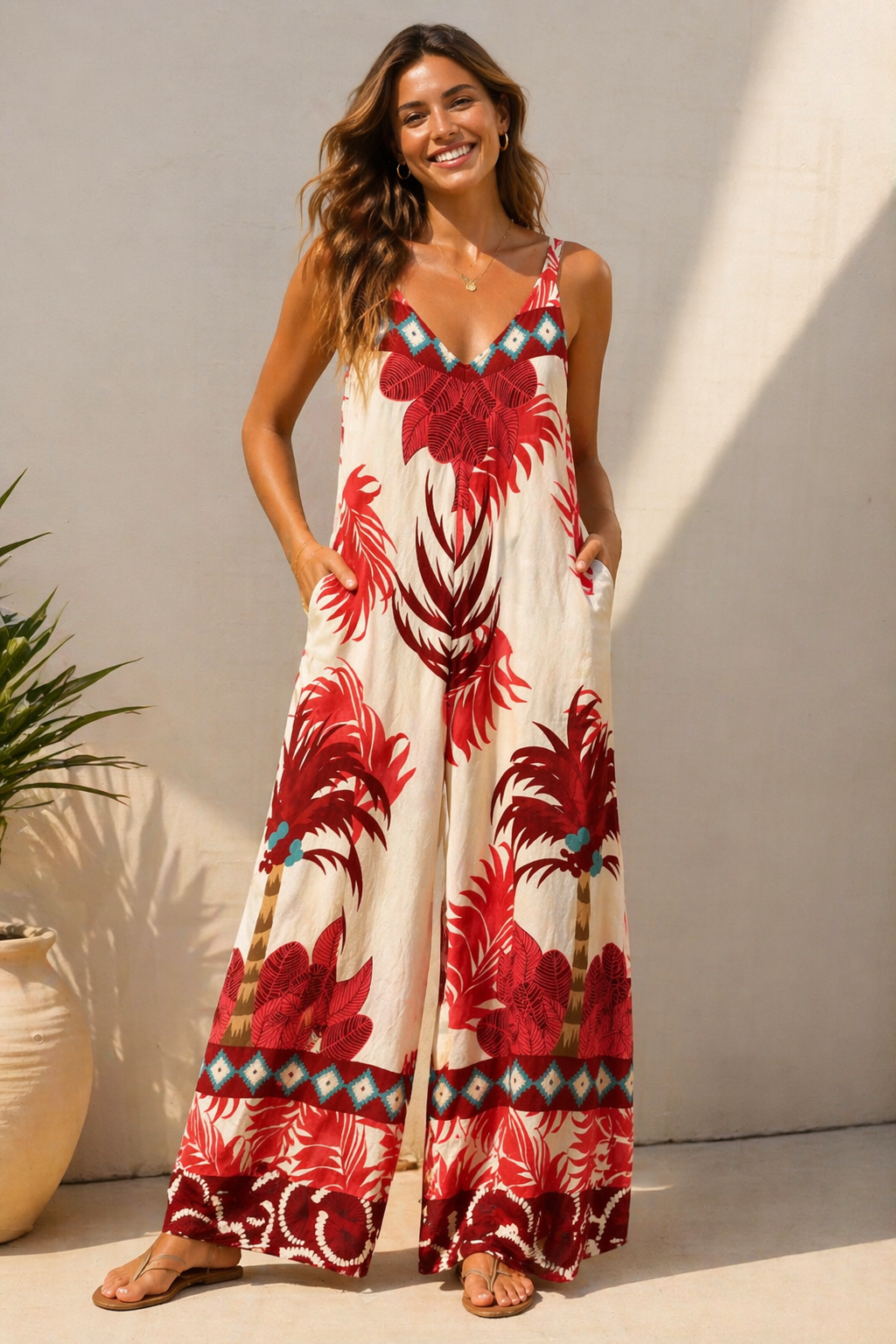 Danna Tropical Palm Jumpsuit Red