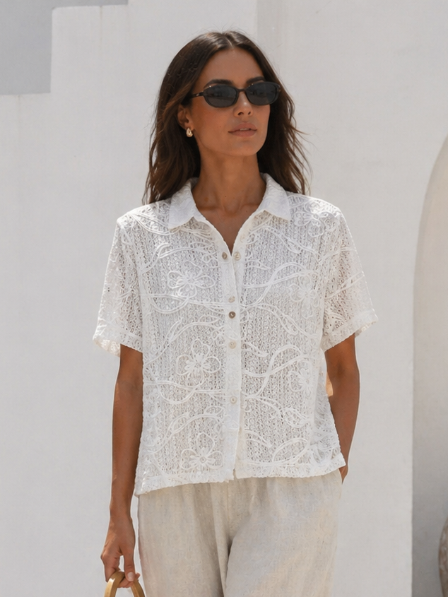 Ramona Floral Crochet Shirt White