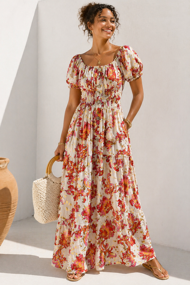 Mara Shirred Maxi Dress Pink & Red