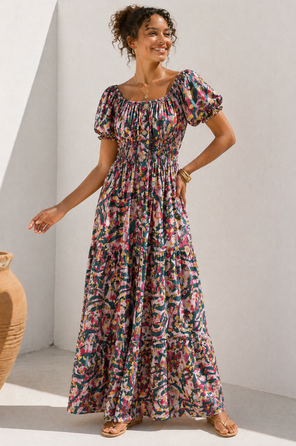 Mara Shirred Maxi Dress Emerald, Red & Gold