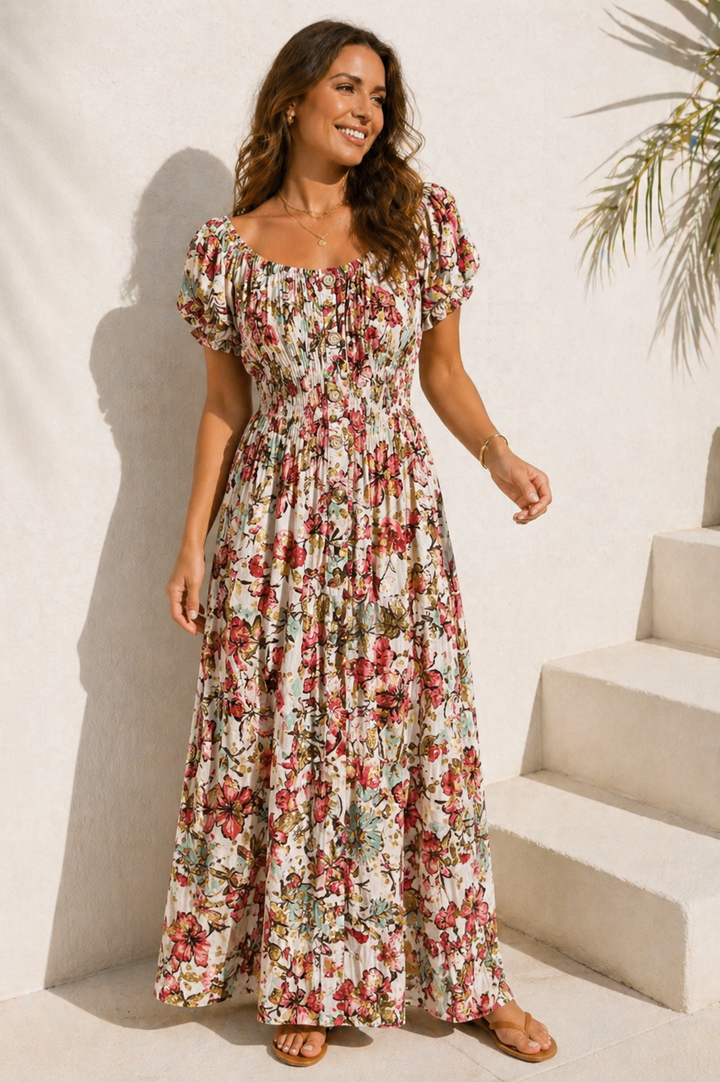 Mara Shirred Maxi Dress Pink & Aqua