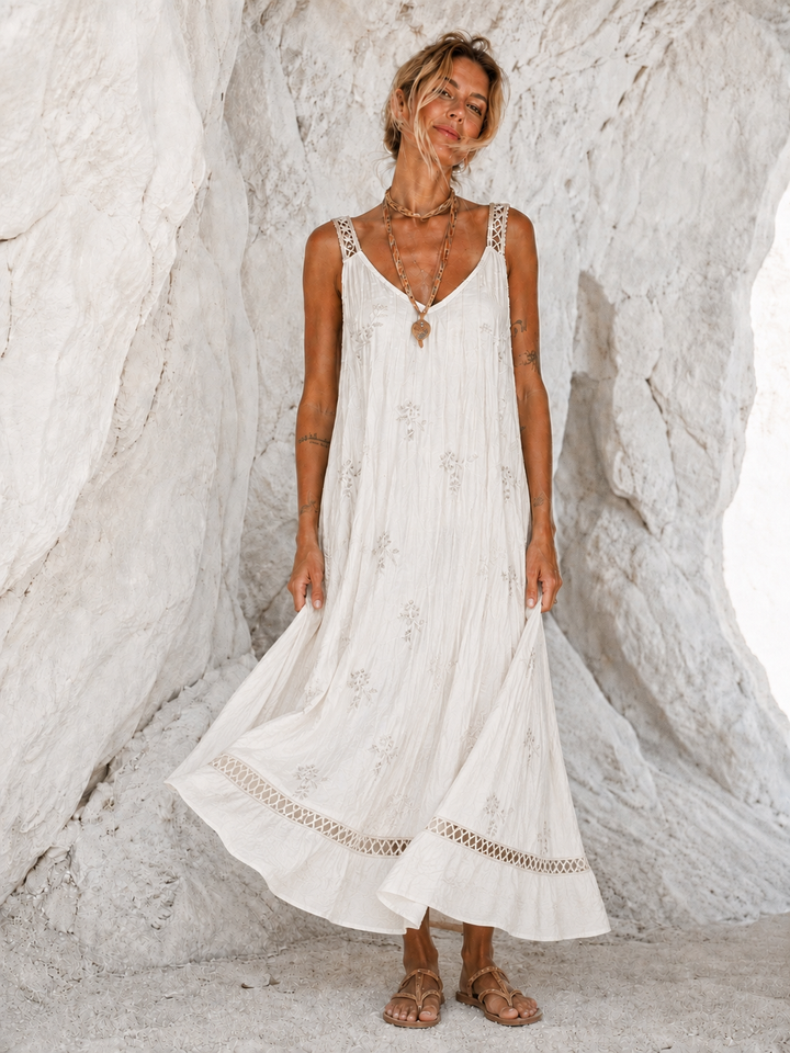 Christa Floral Crochet Trim Dress Cream